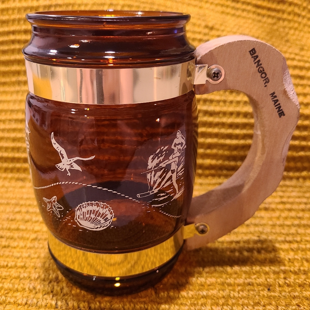 Vintage Souvenir Wooden-Handled Glass Beer Mug - Ship Design